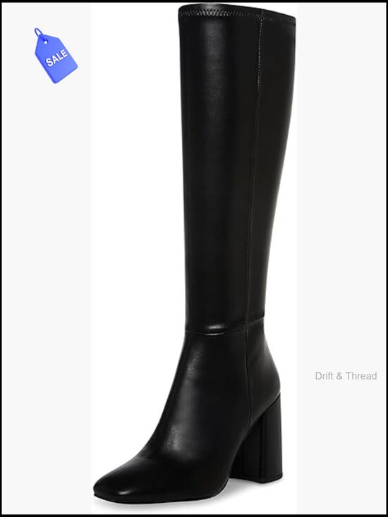 Shoes - Calf High Chelsea Boots Square Toe Block Heel Zipper Closure Padded Insole